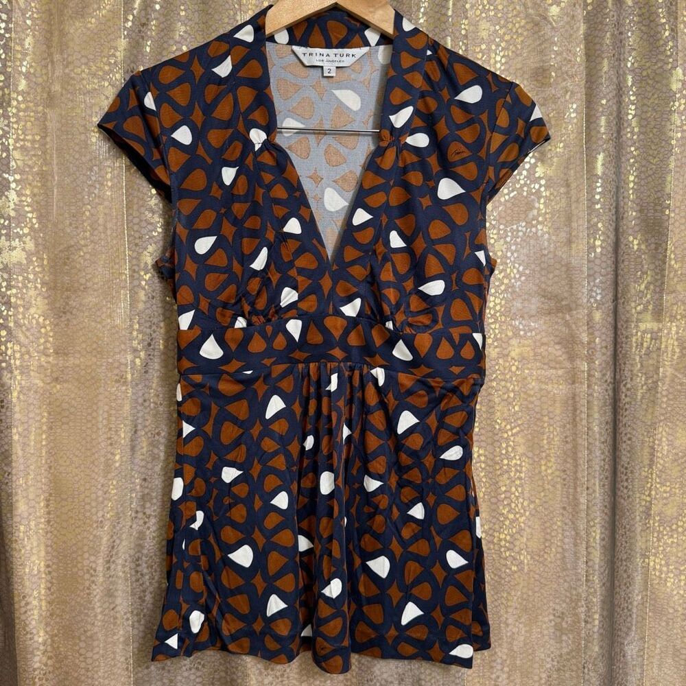 Vintage Y2K 2000s Trina Turk Brown Blue Retro Pattern 100% Silk Blouse Size 2